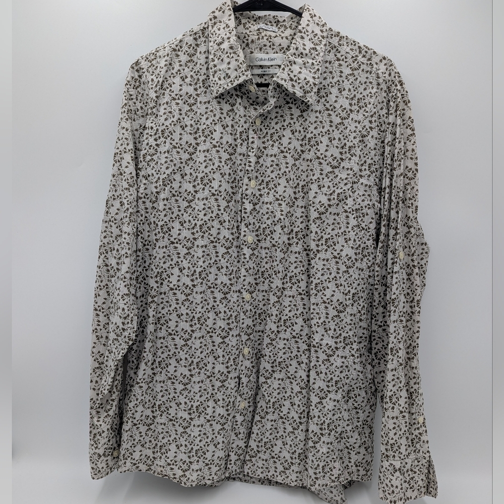 Calvin Klein Women's Button Shirt Cotton Large Beige Workwear Cottagecore Smart